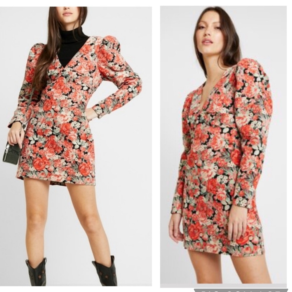 Free People Kapowski Floral Long Puff-Sleeve
Mini Dress Dark Combo Red Corduroy